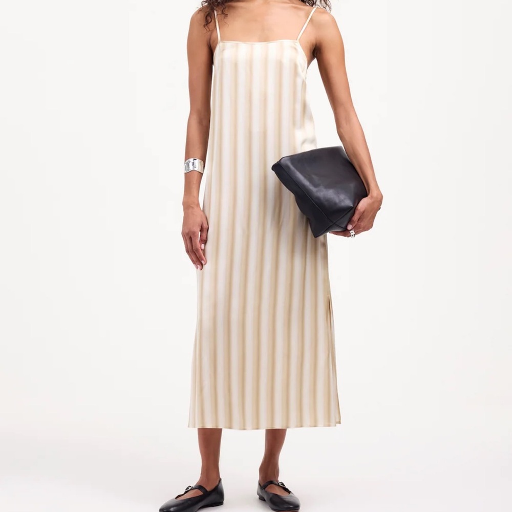 Madewell Midi Striped 100% Silk Slip Dress in Faded Khaki Color MRSP $248 NWT